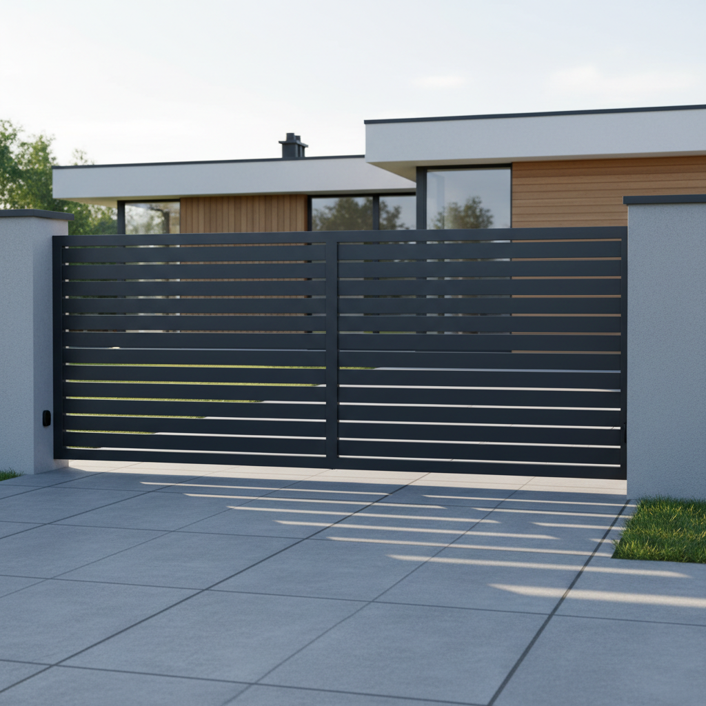 A modern, sliding steel gate in dark graphite gray fills the frame, featuring horizontal closed profiles with perfectly even spacing and smooth welds ground flush. The gate is installed between two minimalist plastered pillars in front of a contemporary family house with a paved driveway. Late afternoon natural light casts soft, elongated shadows across the metal surfaces, subtly revealing texture and craftsmanship. Captured from a slightly angled front view, the composition shows the full length of the gate with sharp focus throughout. The atmosphere is secure and orderly, underlining reliability and durability. Photographic realism with a clean, architectural style emphasizes technical precision and customized fabrication.
