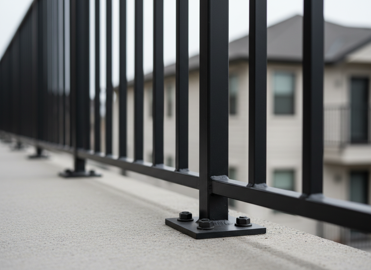 A detailed close-up of a steel balcony railing system, showing rectangular handrails, vertical balusters, and a solid base plate anchored into a concrete slab. Every weld is visible, smooth, and continuous, with a semi-gloss black powder-coated finish that reflects soft overcast daylight. In the blurred background, neutral-toned building facades suggest a residential setting without drawing focus. Shot from a low angle, the camera looks along the railing length, creating strong leading lines and a shallow depth of field. The mood is technical and confident, focusing on structural safety and design clarity. Photographic realism and a minimalist aesthetic convey quality workmanship and adherence to exact dimensions.