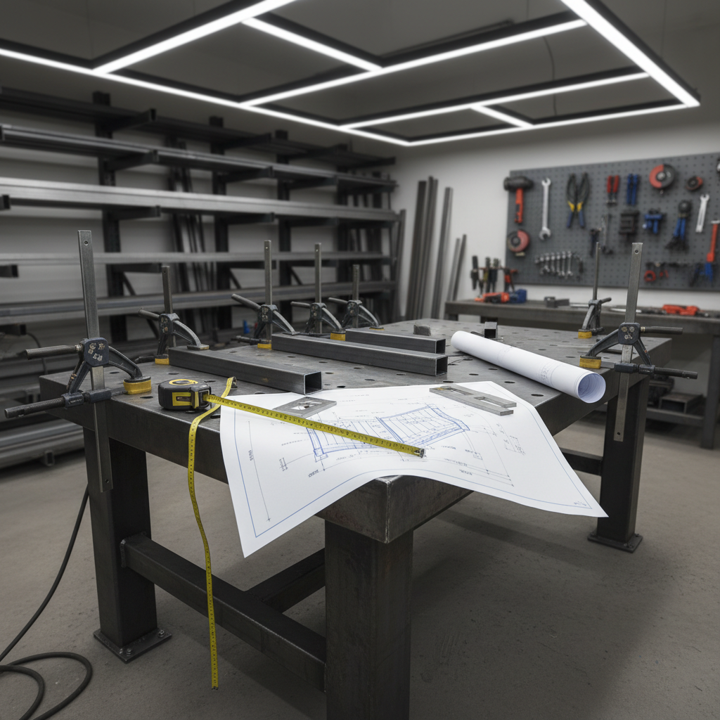 A compact workshop corner featuring a sturdy steel fabrication table with a thick, flat plate top, heavy-duty legs, and clamped square tubing components being prepared for welding. Around the table lie precisely arranged measuring tapes, angle squares, and technical drawings rolled open, showing staircase and gate plans with dimensions. Neutral overhead LED lighting creates a bright, shadow-controlled environment, bringing out the brushed metal textures and heat discoloration marks on the steel. The background shows blurred racks with steel profiles and organized tools, maintaining a clean, professional shop feel. Shot from a slightly elevated angle with sharp focus, the scene communicates meticulous planning, custom production, and technical reliability in photographic realism.